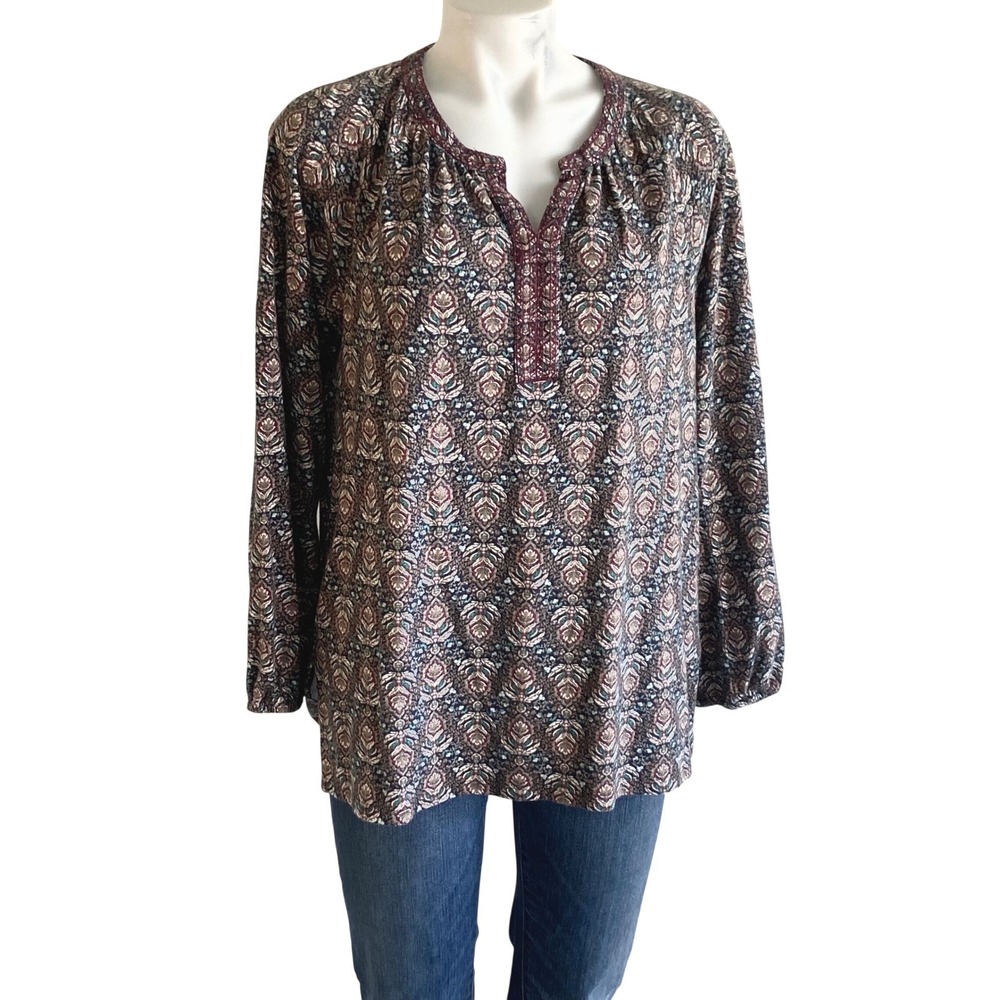 Pure Jill J Jill Printed Embroidered Knit Tunic Top Small Burgundy Teal Cotton